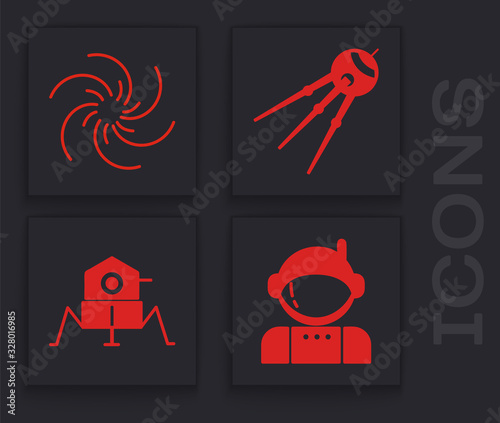 Set Astronaut, Black hole, Satellite and Mars rover icon. Vector