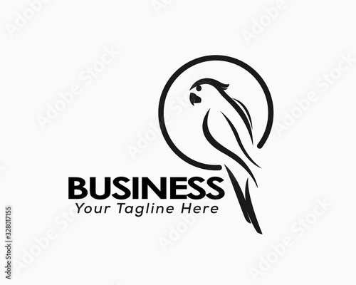 black white sitting parrot at circle logo design inspiration