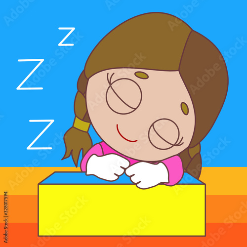 emoticon with sleeping girl with Zzz sign above his head indicating that he is dreaming, simplistic vector emoji in color
