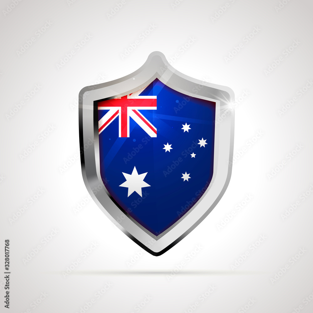 Australia flag projected as a glossy shield on a white background
