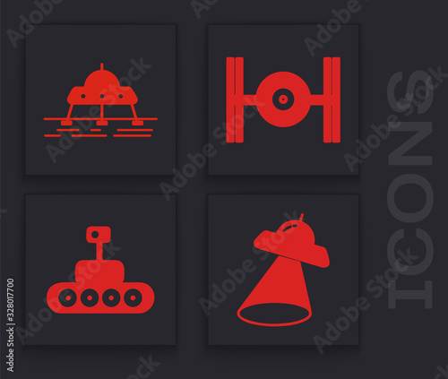 Set UFO flying spaceship, Mars rover, Cosmic ship and Mars rover icon. Vector