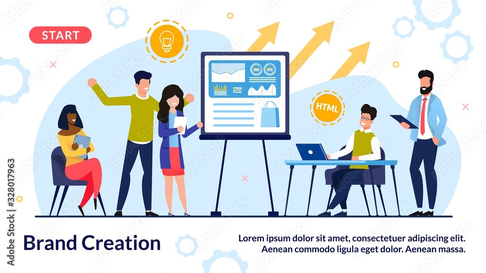 Team Engaged in Brand Creation Process in Office. Marketer Group Brainstorming, Discussing Marketing Strategy, Searching Idea Solution for Online Product Branding. Banner Design. Vector Illustration