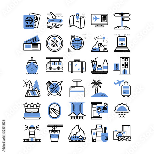 Travel and Vacation blue outline icon, vector and illustration
