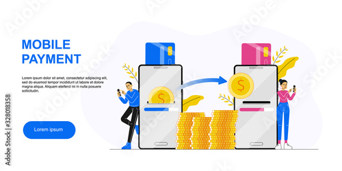 Online banking. Man sending money to woman with smartphone. Concept of secure mobile payment, card to card money transfer service, transaction, donation. Landing page template. Vector illustration.