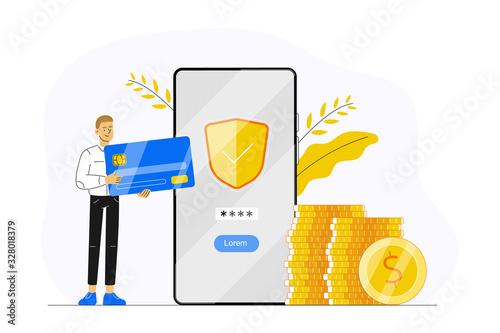 Online banking. Young man holding his credit card and making payment with smartphone app. Concept of secure mobile payment, internet banking, accounting, transaction, donation. Vector illustration.