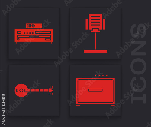 Set Guitar amplifier, Music CD player, Music stand and Banjo icon. Vector