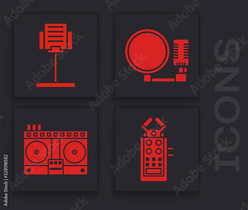 Set Microphone, Music stand, Microphone and DJ remote for playing and mixing music icon. Vector