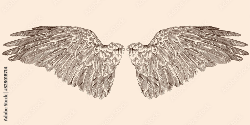 Two spread wings of an angel made of feathers isolated on a beige background. - obrazy, fototapety, plakaty 