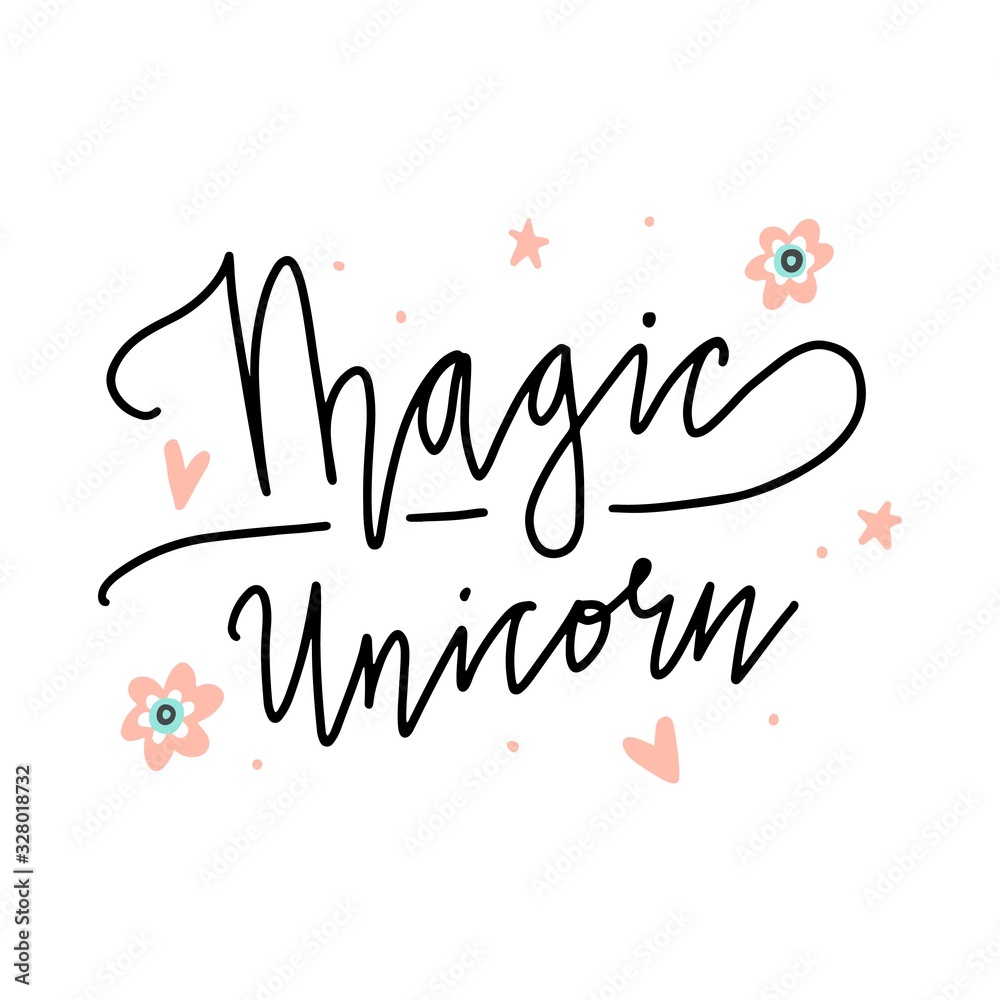 Unicorn lettering text for baby, kids, girl logo, banner design. Hand drawn quote Magic Unicorn of calligraphy style. Isolated vector illustration.