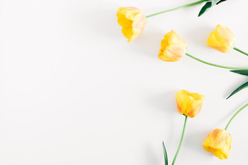 Beautiful composition of tulip, spring flowers. Yellow tulips flowers on white background. Valentine's Day, Easter, 8th march, Happy Women's Day, Mother's Day. Flat lay, top view, copy space
