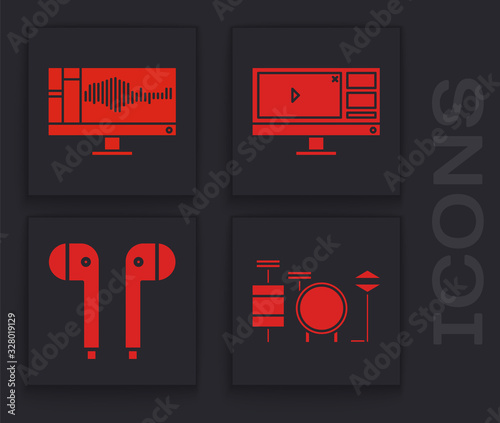 Set Drums, Sound or audio recorder on monitor, Video recorder or editor software on monitor and Air headphones icon. Vector