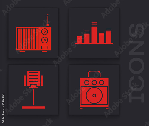 Set Guitar amplifier, Radio with antenna, Music equalizer and Music stand icon. Vector