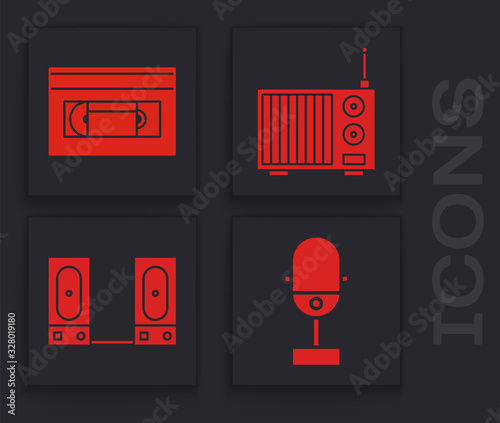 Set Microphone, VHS video cassette tape, Radio with antenna and Stereo speaker icon. Vector