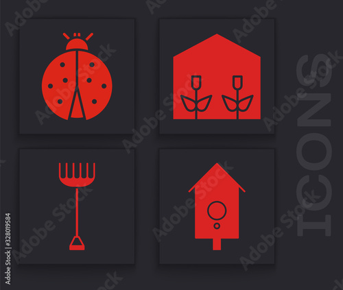 Set Retro wall watch, Ladybug, Home greenhouse and plants and Garden rake icon. Vector