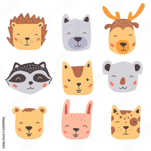 Set of cute wild animals faces, bear, deer, wolf, rabbit, hedgehog. Isolated vector illustration animals for baby, kids, child project design. Hand drawn cute style.