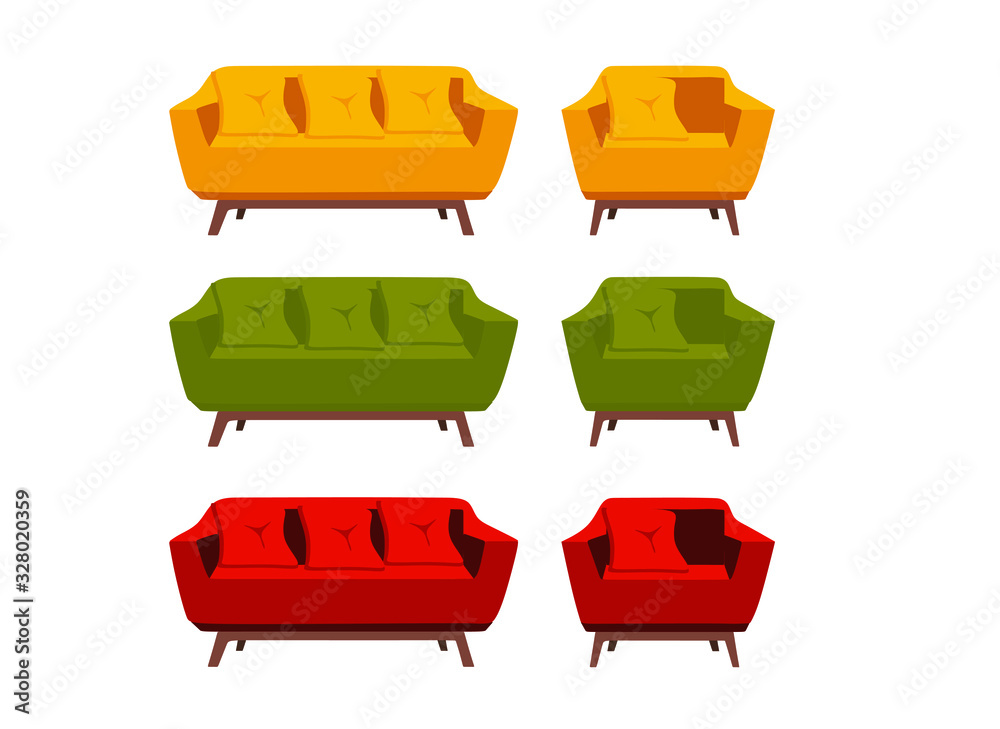 sofa and armchair (red, green, yellow), vector illustration of sofa and armchairs, flat style sofa and armchair (red, green, yellow), vector illustration of sofa and armchairs, flat style