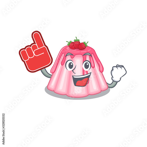 A picture of strawberry jelly mascot cartoon design holding a Foam finger
