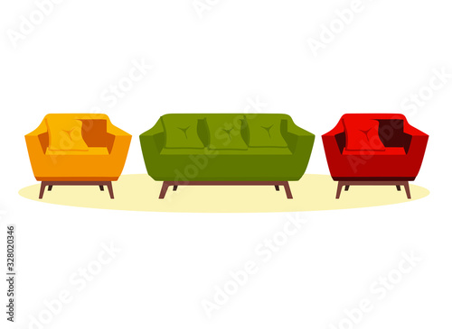 green sofa and yellow chair and red chair, vector illustration of sofa and two chairs, flat style