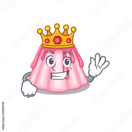 A cartoon mascot design of strawberry jelly performed as a King on the stage