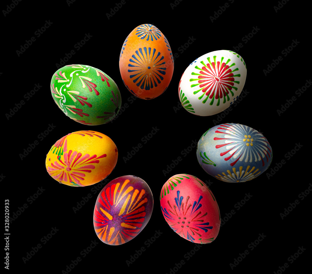 Colorful Handmade Painted Easter Eggs on Black Background