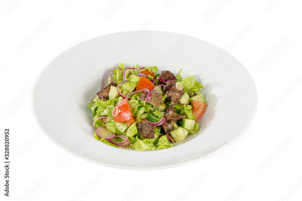 Caesar salad with chicken liver, meat, beef, tomato, onion, cucumber, lettuce on plate, white isolated background Side view. For the menu, restaurant, bar cafe Caesar salad with chicken liver, meat, beef, tomato, onion, cucumber, lettuce on plate, white isolated background Side view. For the menu, restaurant, bar cafe