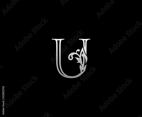 Initial U letter silver luxury beauty flourishes vintage monogram logo perfect for boutique, wedding invitation, restaurant,hotel.