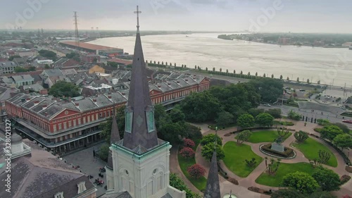 Aerial:French Quarter, St Louis Cathedral church steeple & Jackson Square. New Orleans, Louisiana, USA. 