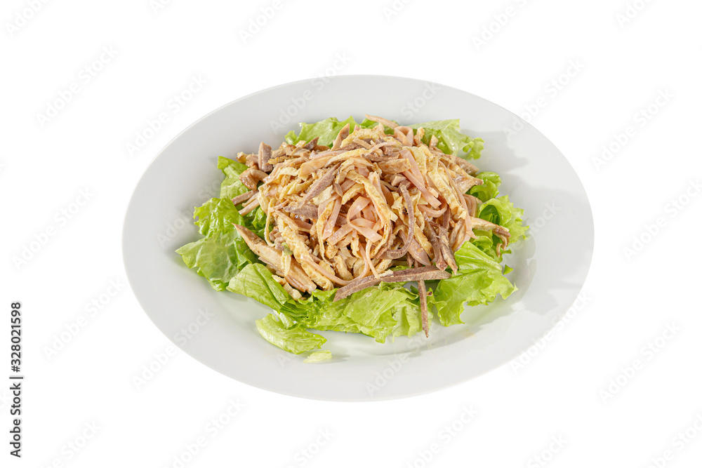 Salad with ham, boiled pork, beef, chicken, pork, egg pancake, lettuce, mayonnaise on plate, white isolated background Side view. For the menu restaurant bar cafe Salad with ham, boiled pork, beef, chicken, pork, egg pancake, lettuce, mayonnaise on plate, white isolated background Side view. For the menu restaurant bar cafe