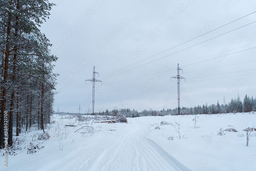 Winter landscape power lines in a snowy field in the forest