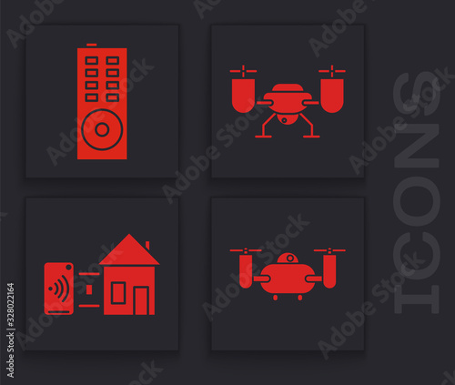 Set Drone flying with action camera, Remote control, Drone flying with action camera and Smart home icon. Vector