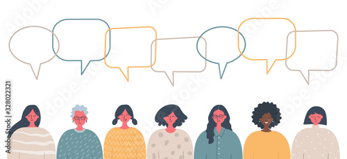 Women's community. Social concept. Communication. People icons with speech bubbles. There are women of different races, different ages in the picture. Vector illustration on a white background