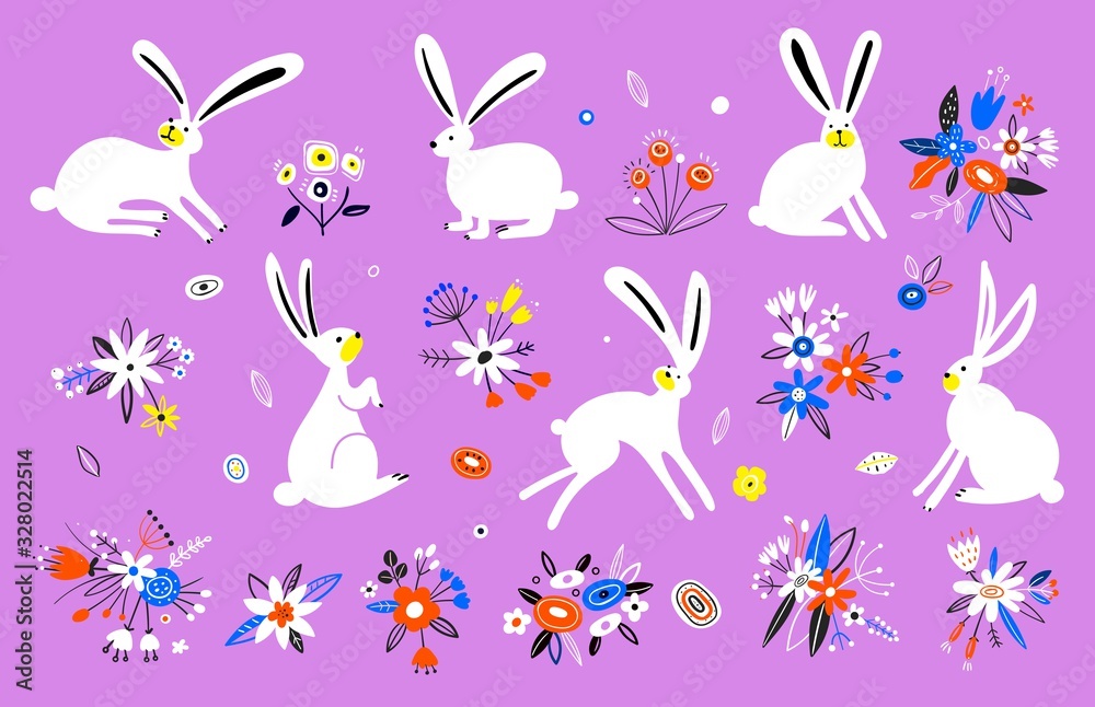 Vector set of cute rabbits in cartoon style. Illustration of hares. Hand drawn sitting, standing and running rabbits. Decorative elements of animals, plants for spring. Vector set of cute rabbits in cartoon style. Illustration of hares. Hand drawn sitting, standing and running rabbits. Decorative elements of animals, plants for spring.