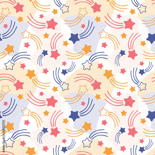 Hand drawn seamless pattern of shooting stars  comets and meteorites. Modern abstract background of pink  yellow  blue stars on light pastel spots. Scandinavian illustration. Childish wallpaper design