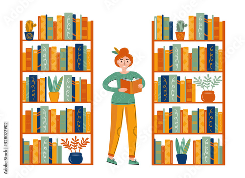 Literary fan. A smart woman with glasses is reading a book in the library. Woman stands among the bookcases with a book in her hand. Funny cartoon character. Hand drawn vector illustration.