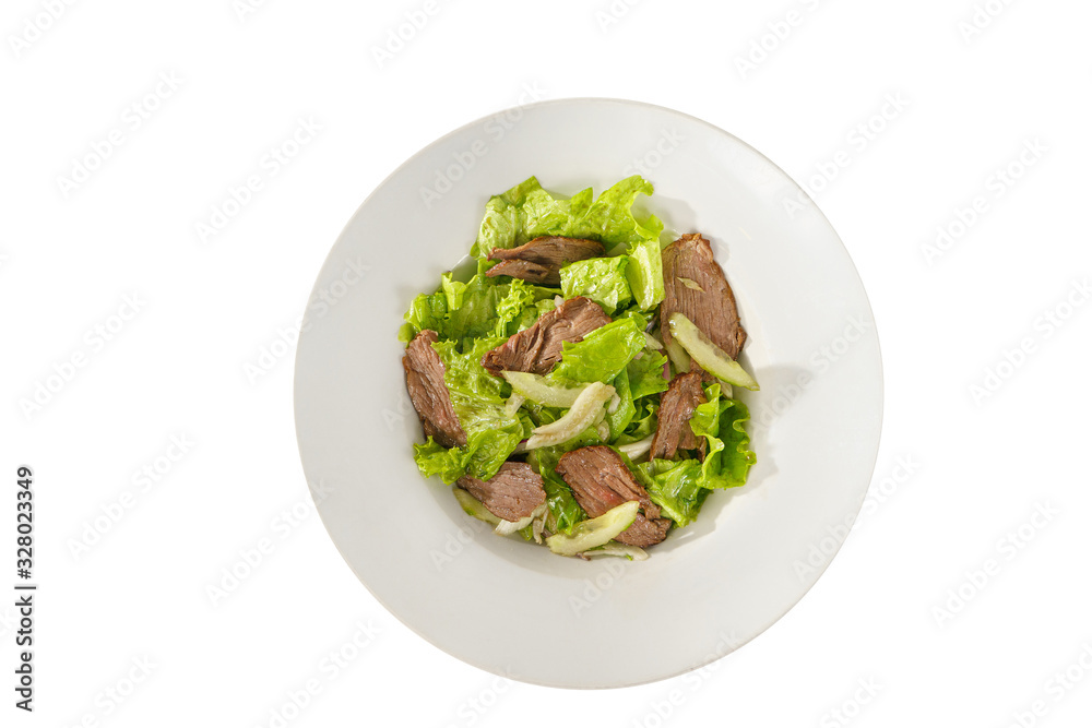 salad with chicken liver, meat, beef, onion, cucumber, lettuce on plate, white isolated background, view from above. For the menu, restaurant, bar cafe salad with chicken liver, meat, beef, onion, cucumber, lettuce on plate, white isolated background, view from above. For the menu, restaurant, bar cafe