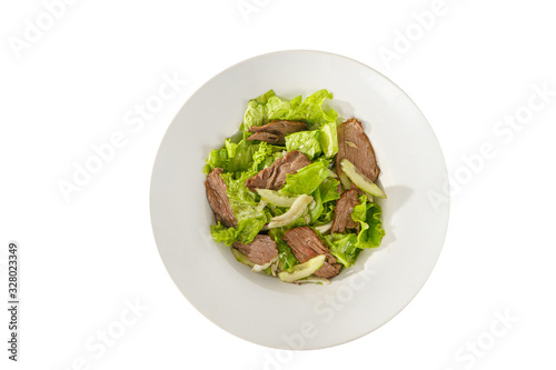 salad with chicken liver, meat, beef, onion, cucumber, lettuce on plate, white isolated background, view from above. For the menu, restaurant, bar cafe