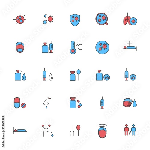 Set of corona virus icon with outline, color and circle frame. Influenza and medical icon set. Icon for info graphic, web, sign. editable vector.