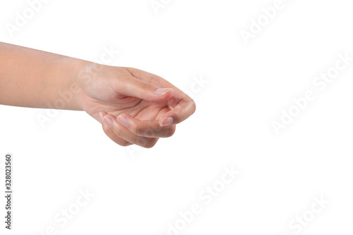 Close-up of woman's hand holding or turning something isolated on white background.
