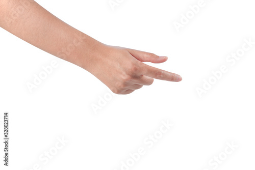 Close-up of woman's hand holding something like a book or a smartphone isolated on white background.