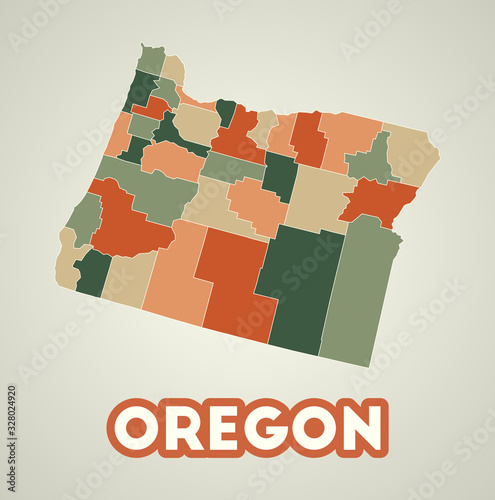Oregon poster in retro style. Map of the US state with regions in autumn color palette. Shape of Oregon with US state name. Appealing vector illustration.