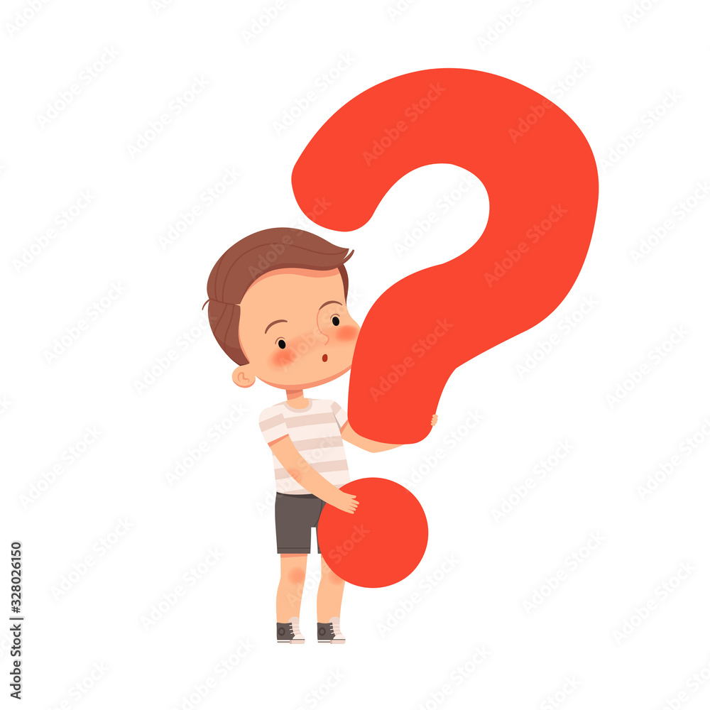 Little cute curious boy holds a question mark. The child asks questions and is interested in the world. Little cute curious boy holds a question mark. The child asks questions and is interested in the world.