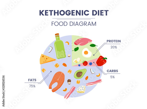 Vector ketogenic diet food diagram with protein products like eggs and chicken fillet, carbs - tomatoes and Bell pepper, fats from salmon and cheese. Keto-diet for losing weight and improving health