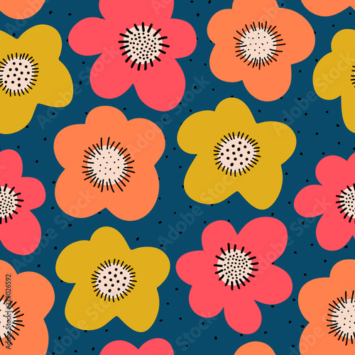 Seamless flower pattern. Bold florals Scandinavian flat style repeating background. Botanical minimalistic doodle flowers pink coral orange yellow on blue backdrop. For fabric, home decor, summer 
