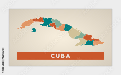 Cuba poster. Map of the country with colorful regions. Shape of Cuba with country name. Vibrant vector illustration.