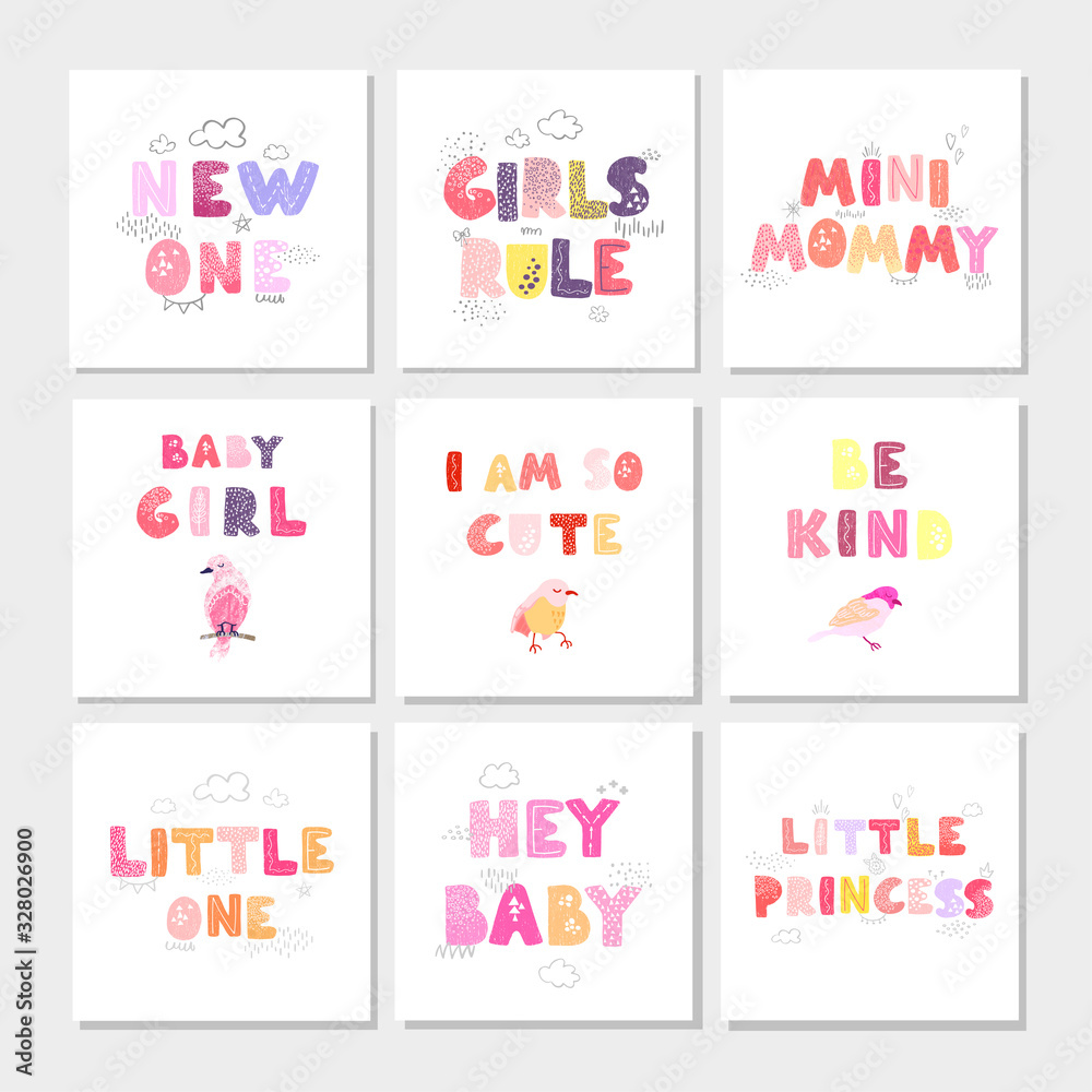 Fototapeta premium Vector set of illustrations with hand drawn lettering - Girls Rule. Colorful typography design in Scandinavian style for postcard, banner, t-shirt print, invitation, greeting card, poster