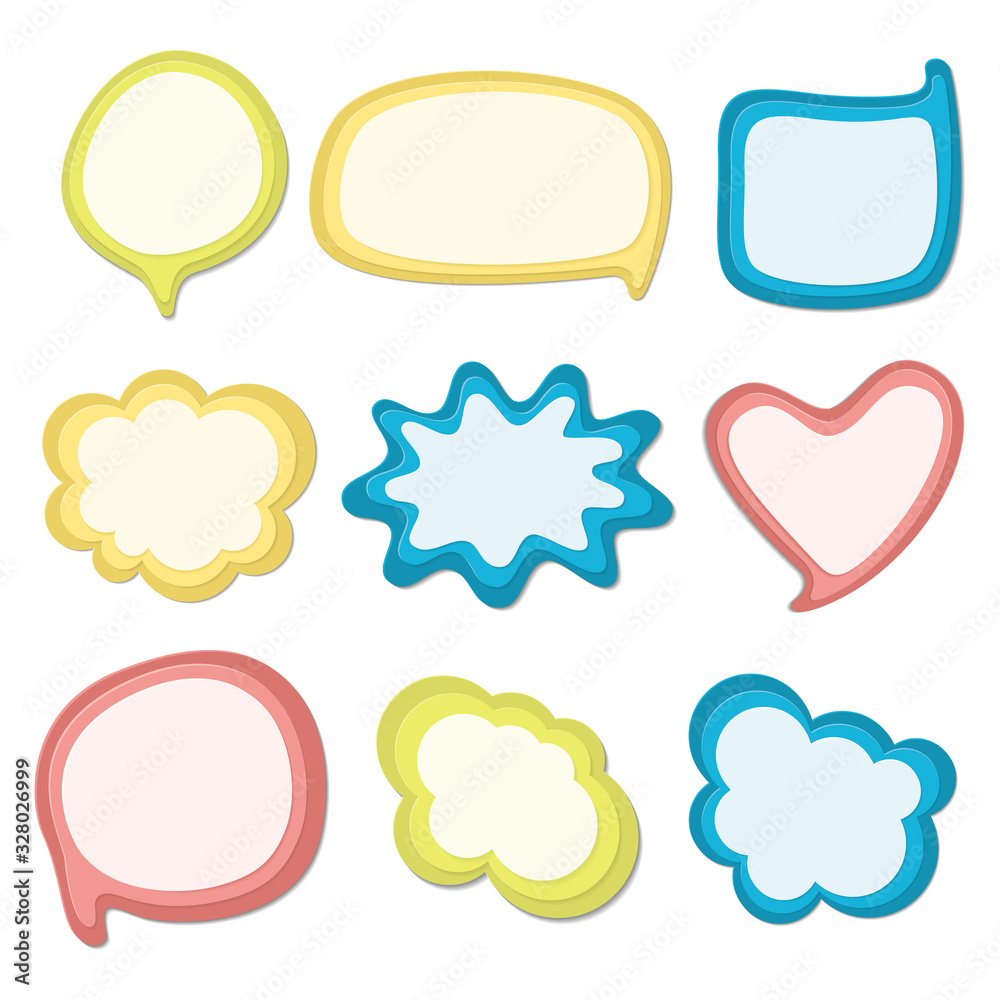 Set of colorful speech bubbles in comic style isolated on white background. Pop art design for banners, price tags, stickers, badges. Paper cut shapes with shadows. Vector illustration. Set of colorful speech bubbles in comic style isolated on white background. Pop art design for banners, price tags, stickers, badges. Paper cut shapes with shadows. Vector illustration.