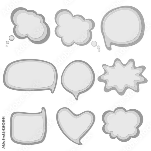 Set of grey speech bubbles in comic style isolated on white background. Pop art design for banners, price tags, stickers, badges. Paper cut shapes with shadows. Vector illustration.