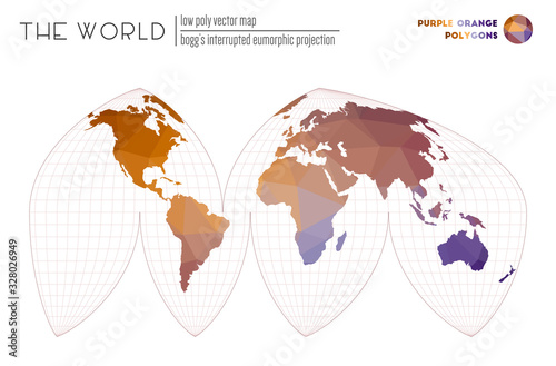 Abstract geometric world map. Boggs' interrupted eumorphic projection of the world. Purple and orange colored polygons. Creative vector illustration.