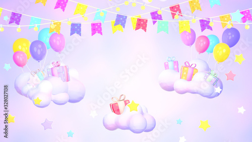Balloons party with colorful bunting flags, garland of light bulbs, stars, and gifts in soft pastel purple color sky. 3d rendering picture.