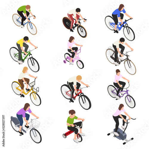 People Riding Bicycles Isometric Set